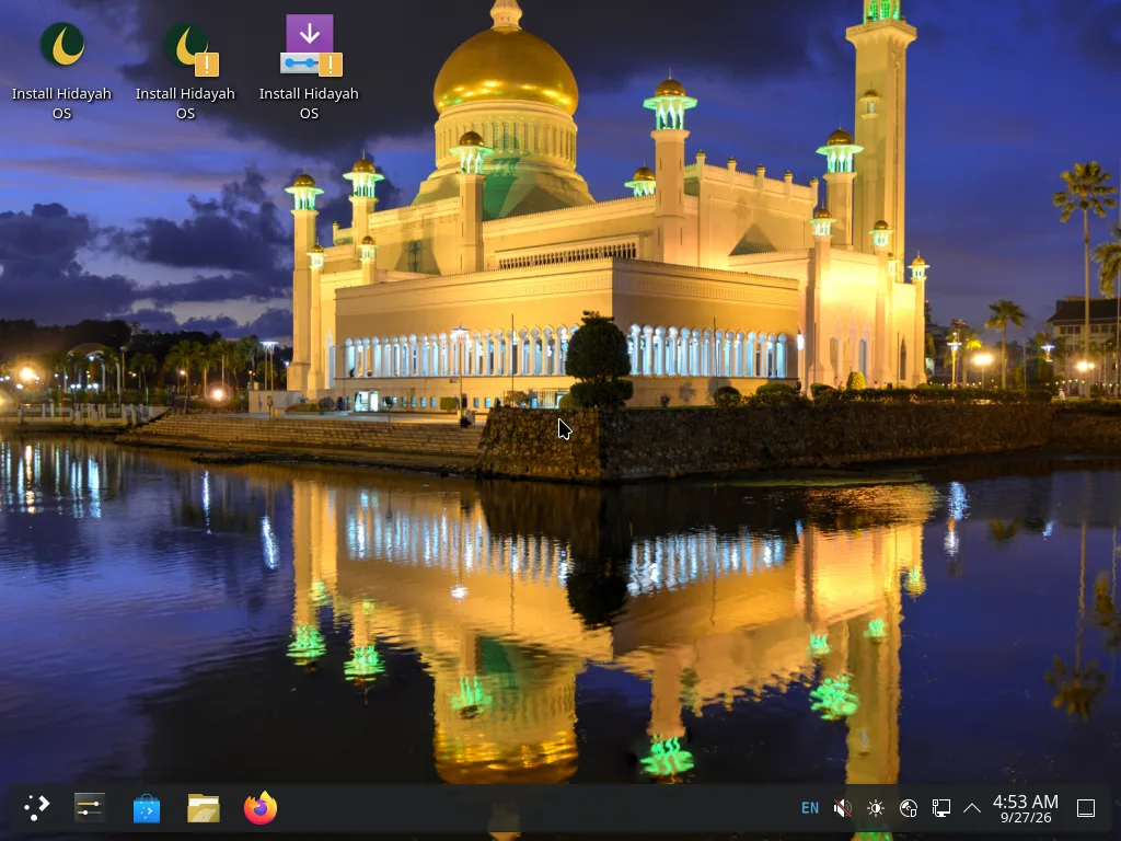 KDE Plasma desktop with the Hidayah night wallpaper, Emerald & Gold theming and Install Hidayah OS shortcuts