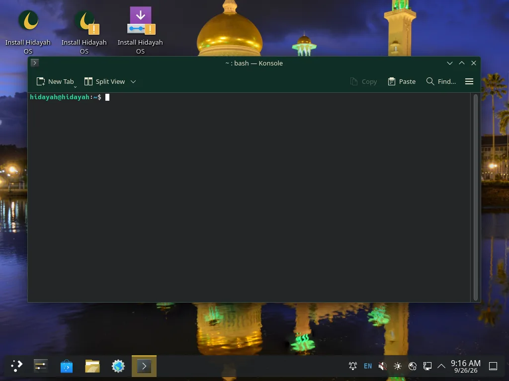 Konsole terminal with hidayah@hidayah prompt on the Hidayah night wallpaper, KDE edition
