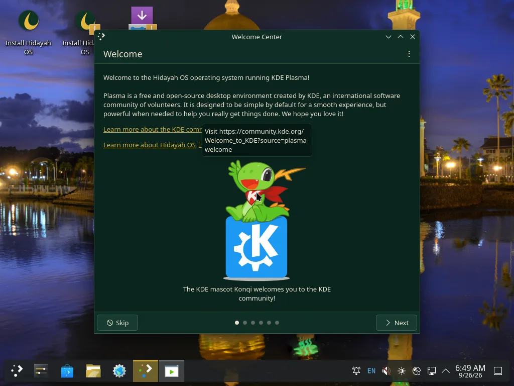 KDE Plasma Welcome Center greeter branded for Hidayah OS with a link to hidayah-os.org
