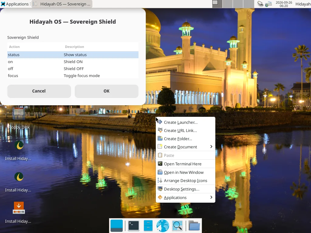XFCE applications menu open over the Hidayah night wallpaper
