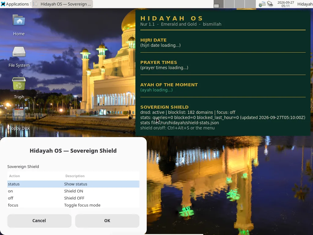 XFCE desktop after live autologin in Hidayah OS 1.0.0 Nur, showing the Hidayah night mosque wallpaper and the Install Hidayah OS shortcut