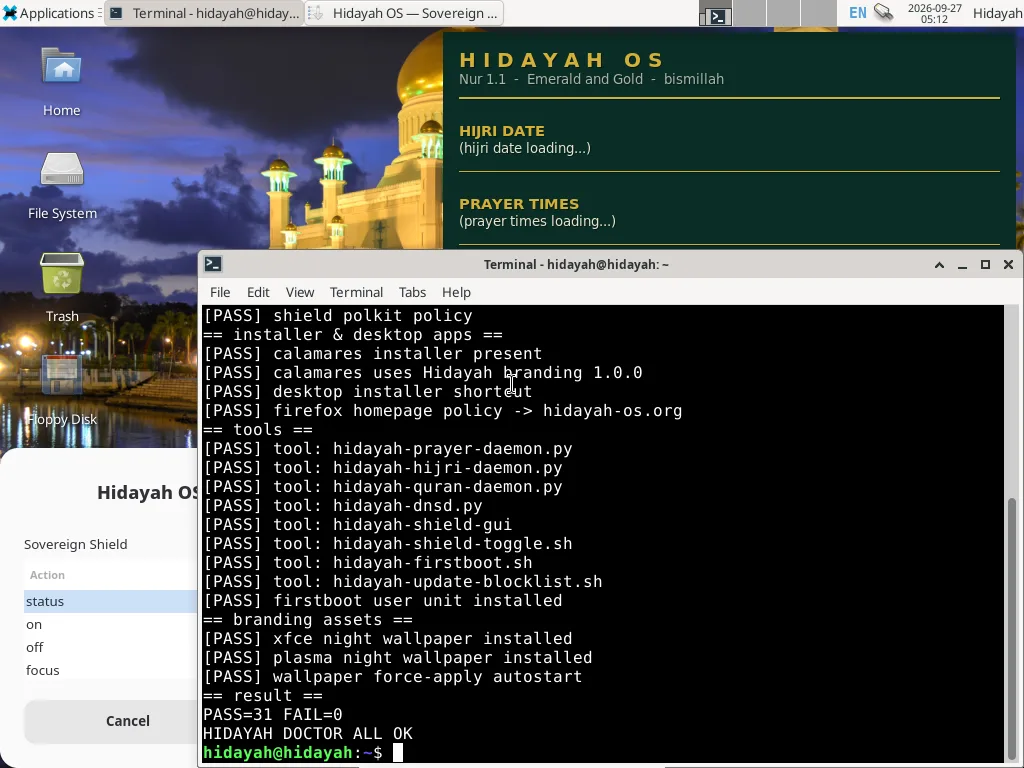 hidayah-doctor self-test output inside the live session showing PASS=31 FAIL=0 and HIDAYAH_DOCTOR_ALL_OK