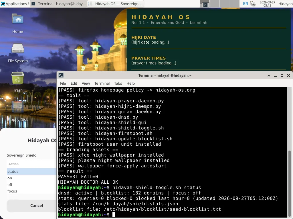 Sovereign Shield status output showing the DNS filter daemon active with a 132-domain seed blocklist