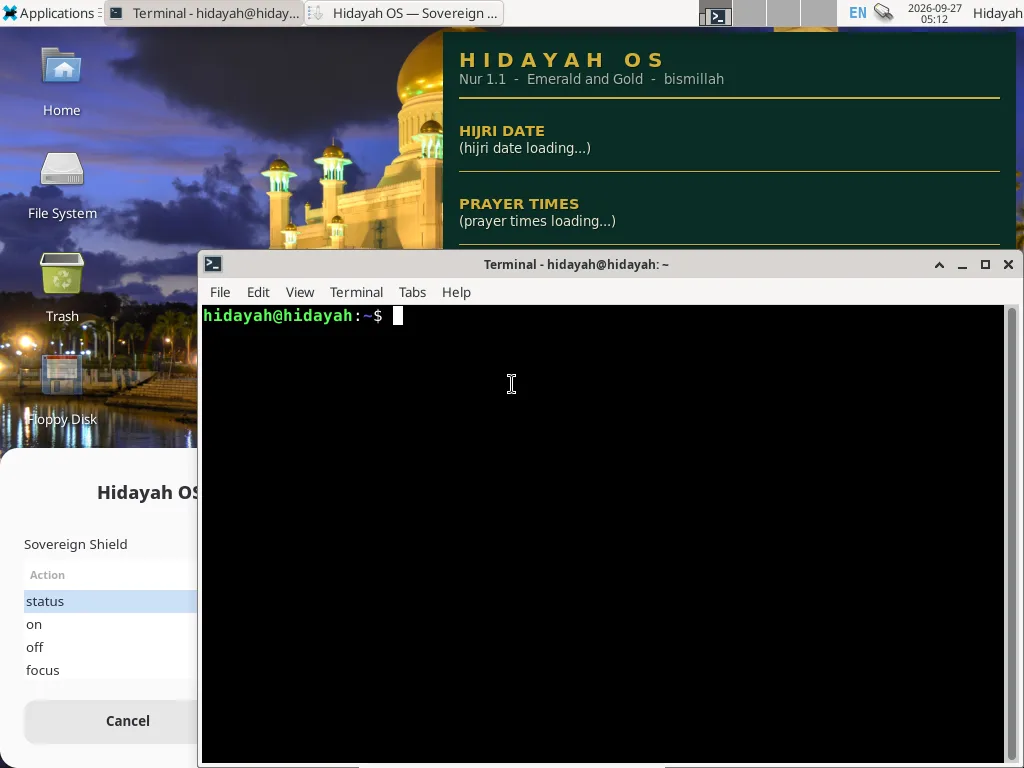 XFCE terminal opened on the Hidayah night wallpaper with the hidayah@hidayah live prompt